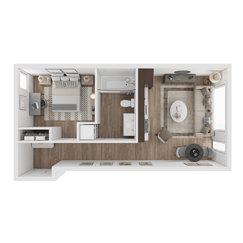 a stylized floor plan of a small apartment with a bedroom and a bathroom